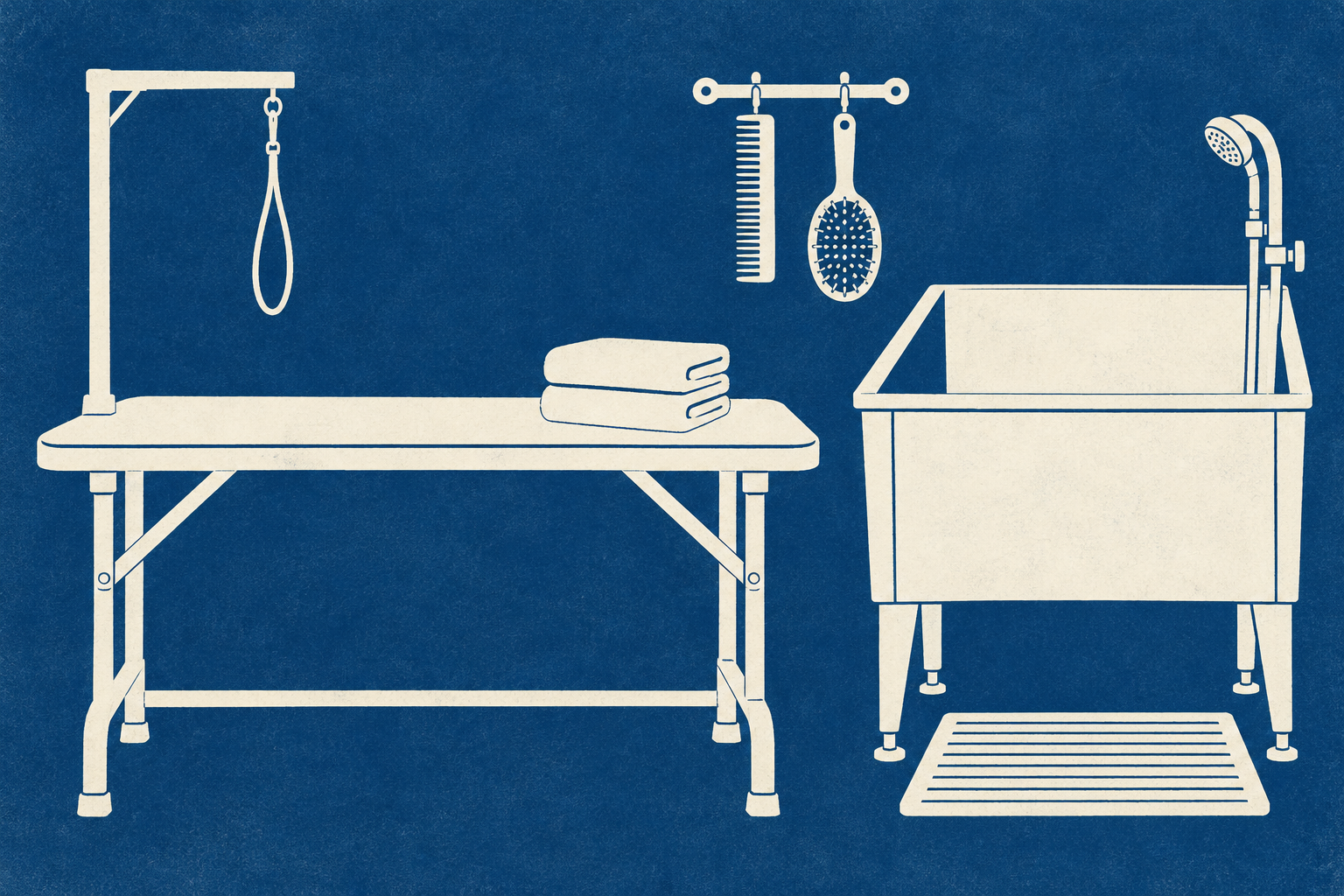 Illustration of pet grooming business: clean grooming brushes, folded pet towels, an empty wash station